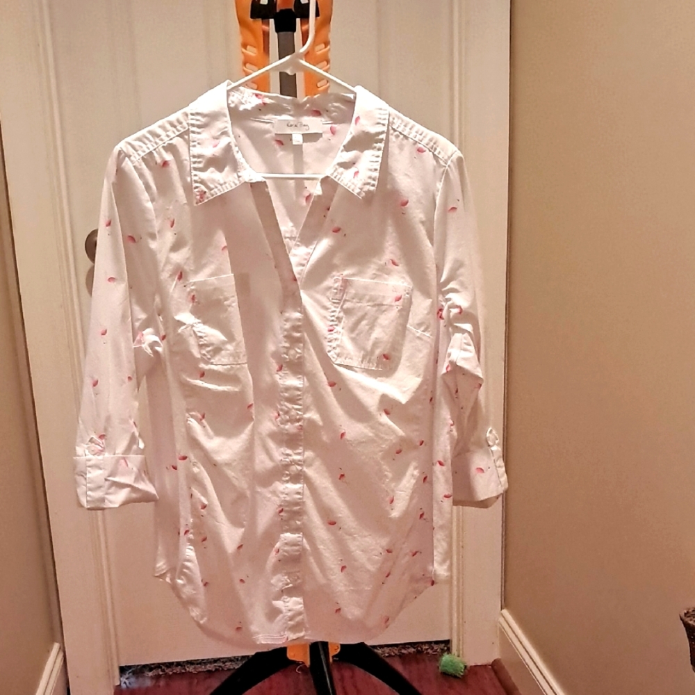 Coral Bay Flamingo Print Shirt in White and Pink